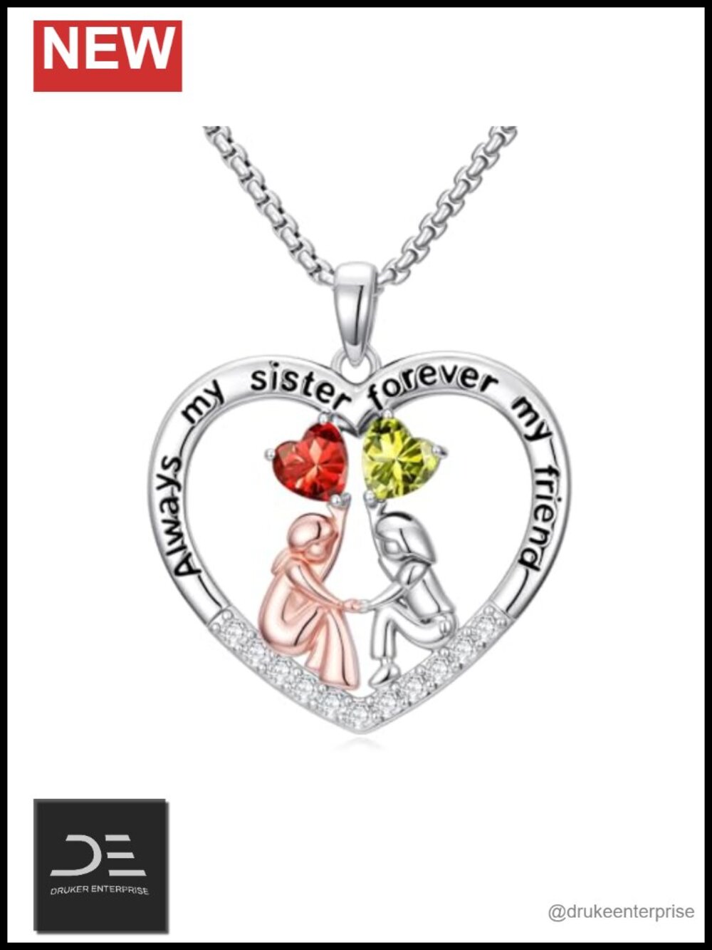 Sister Birthstone Pendant Necklace - Heart Design Gift for Women